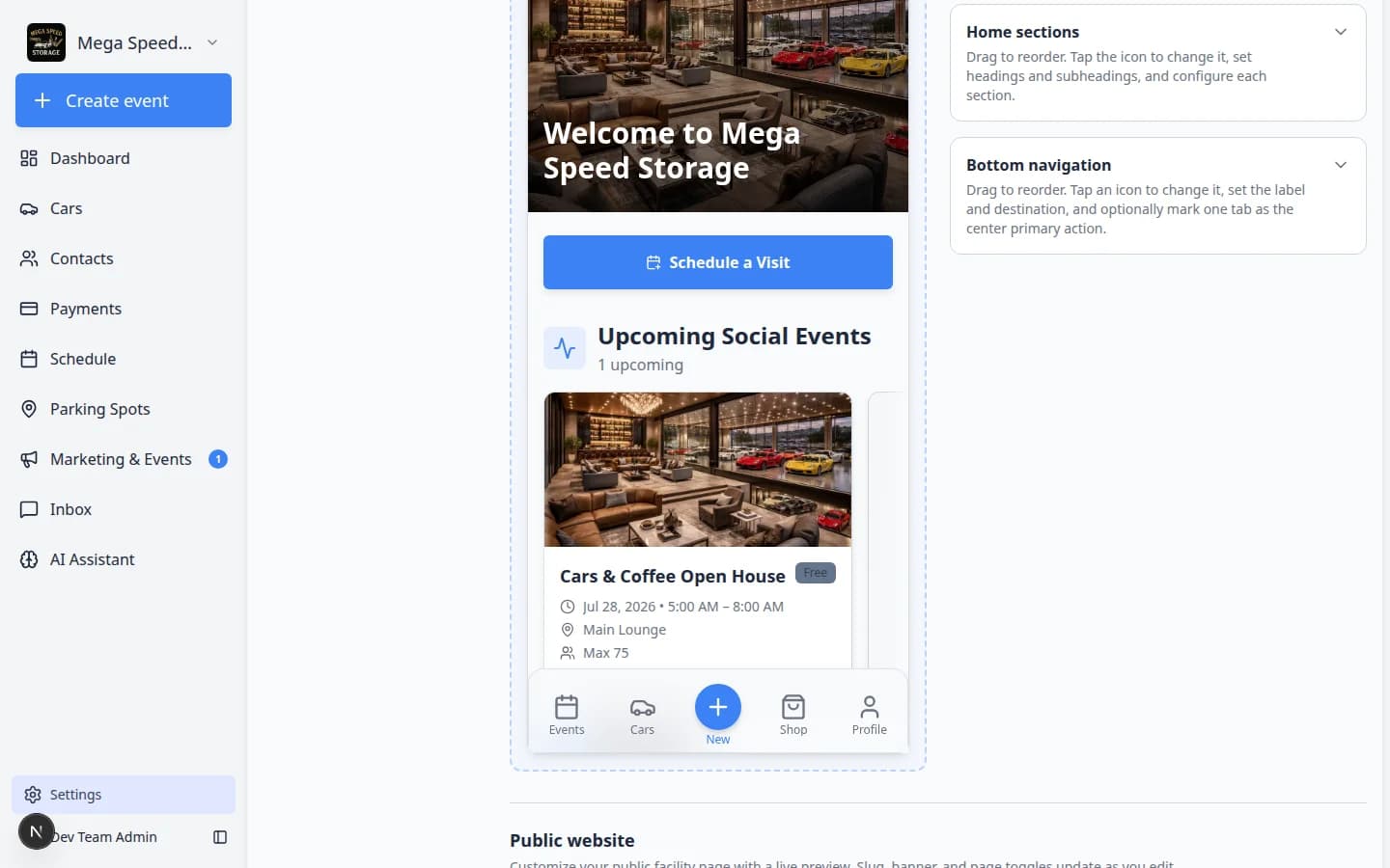 Customer app live preview on Website settings showing mobile home screen with facility gallery and upcoming events
