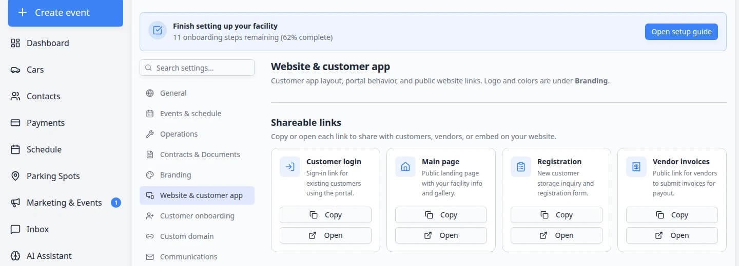 Close-up of Shareable links cards with Copy and Open buttons for Customer login, Main page, Registration, and Vendor invoices