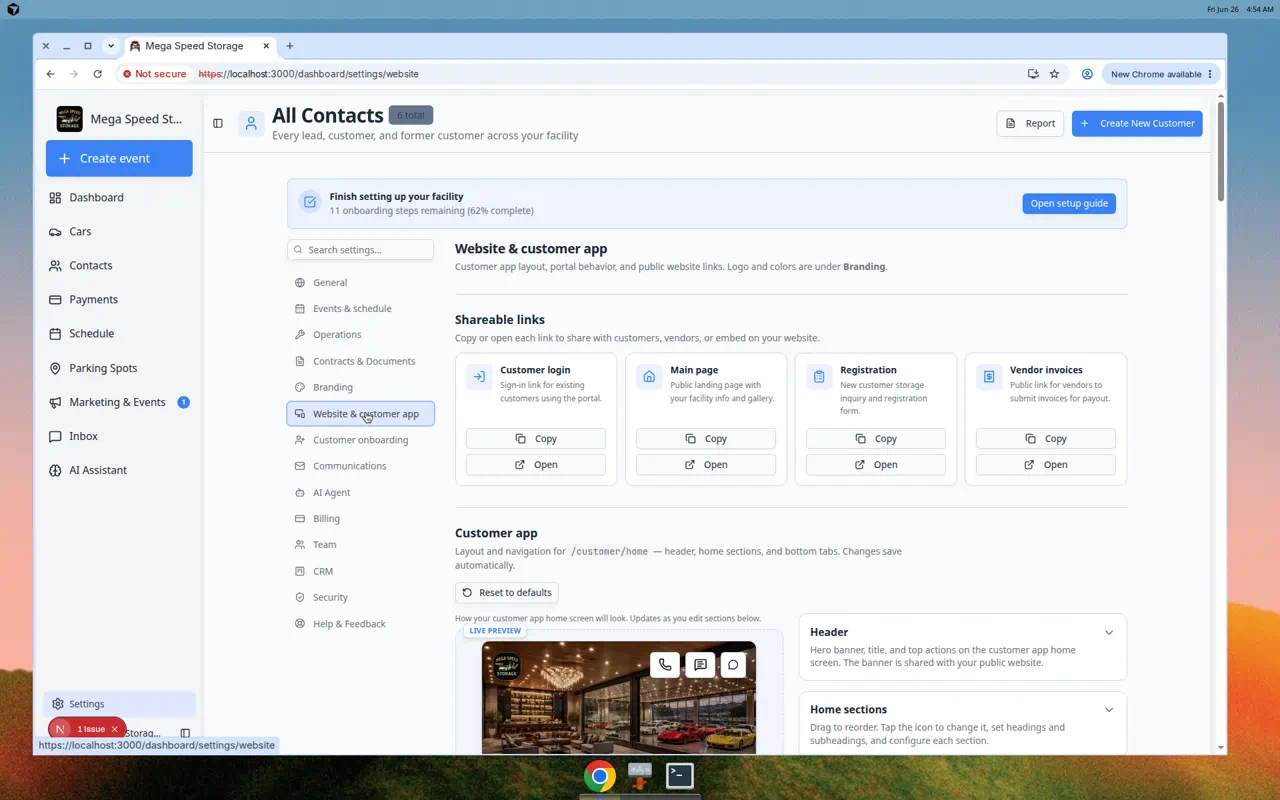 Shareable links section showing Customer login, Main page, Registration, and Vendor invoices cards with Copy buttons
