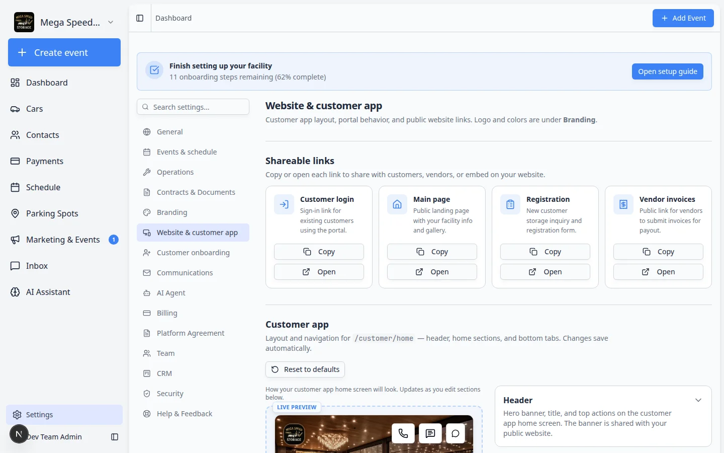 Website and customer app settings showing Shareable links cards for Customer login, Main page, Registration, and Vendor invoices