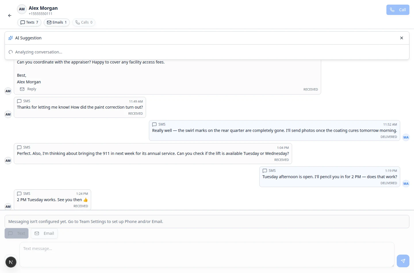 Inbox showing an AI Suggestion panel with a drafted customer reply and recommended action buttons