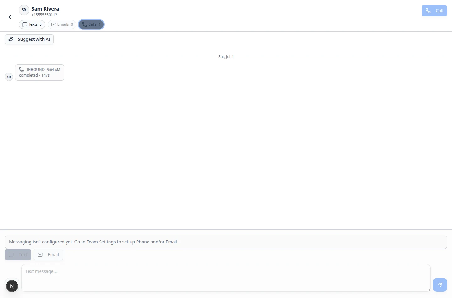 Inbox conversation filtered to Calls showing an inbound voicemail call with recording and transcript options
