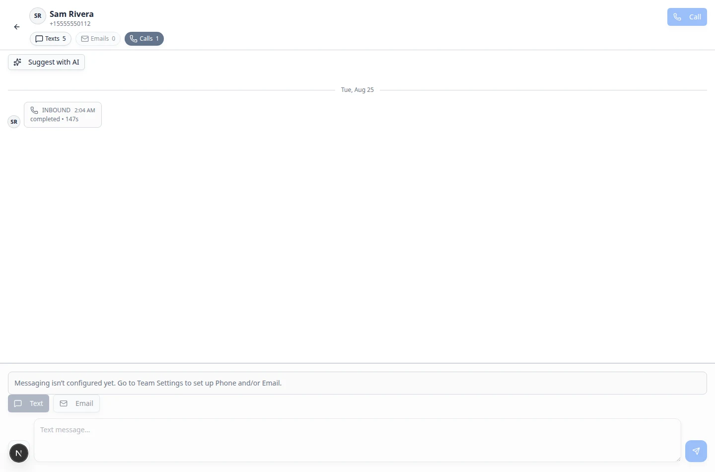 Inbox conversation filtered to Calls showing an inbound voicemail call with recording and transcript options