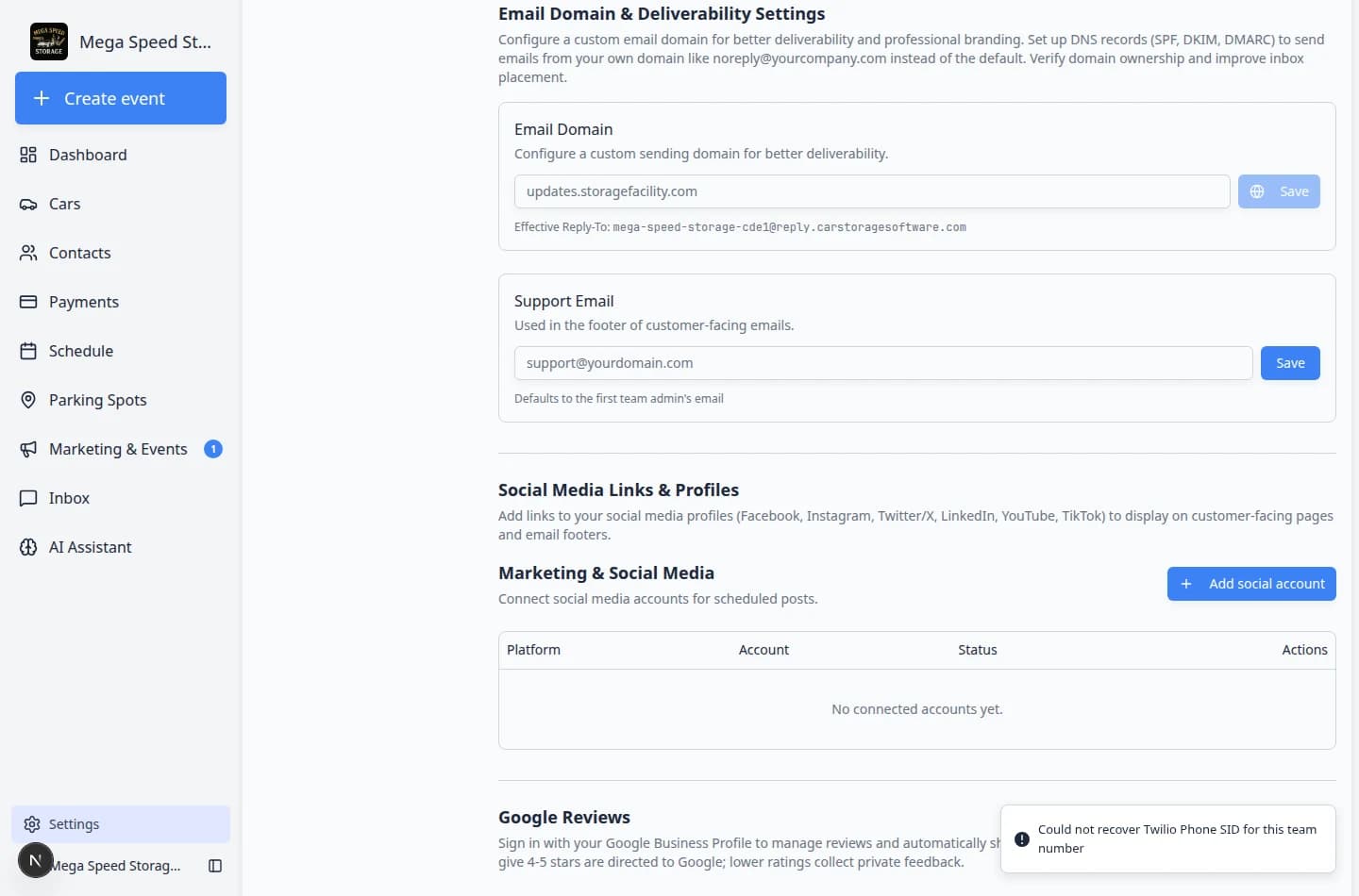 Communications settings focused on the Email Domain and Deliverability Settings section