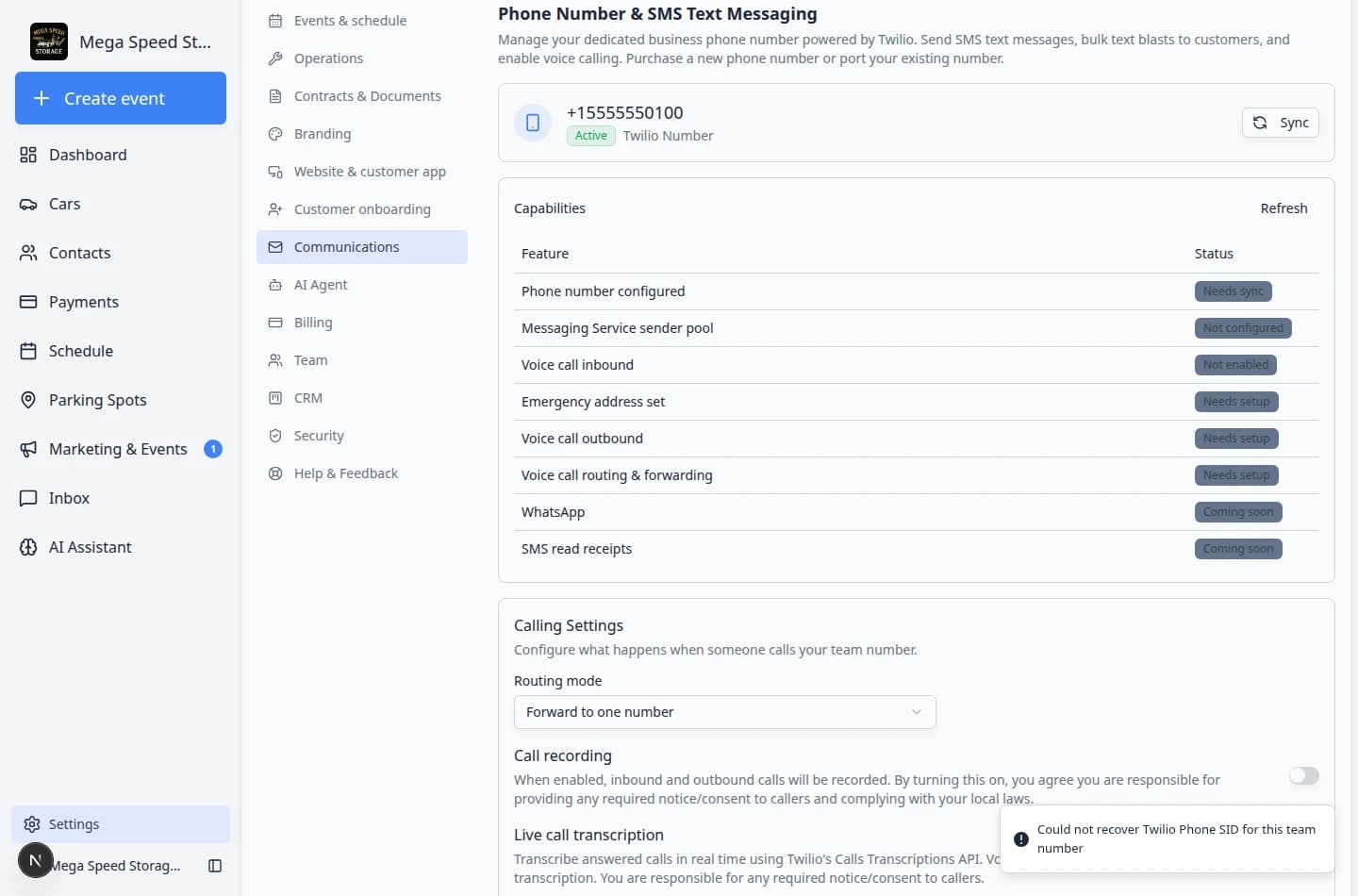 Communications settings focused on the Phone Number and SMS Text Messaging section
