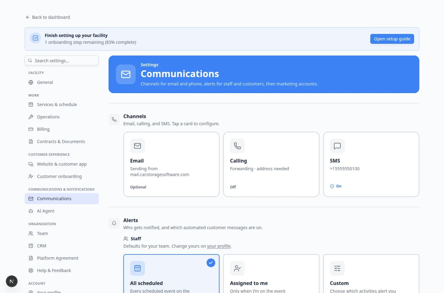 Settings Communications page showing phone, email, and notification sections