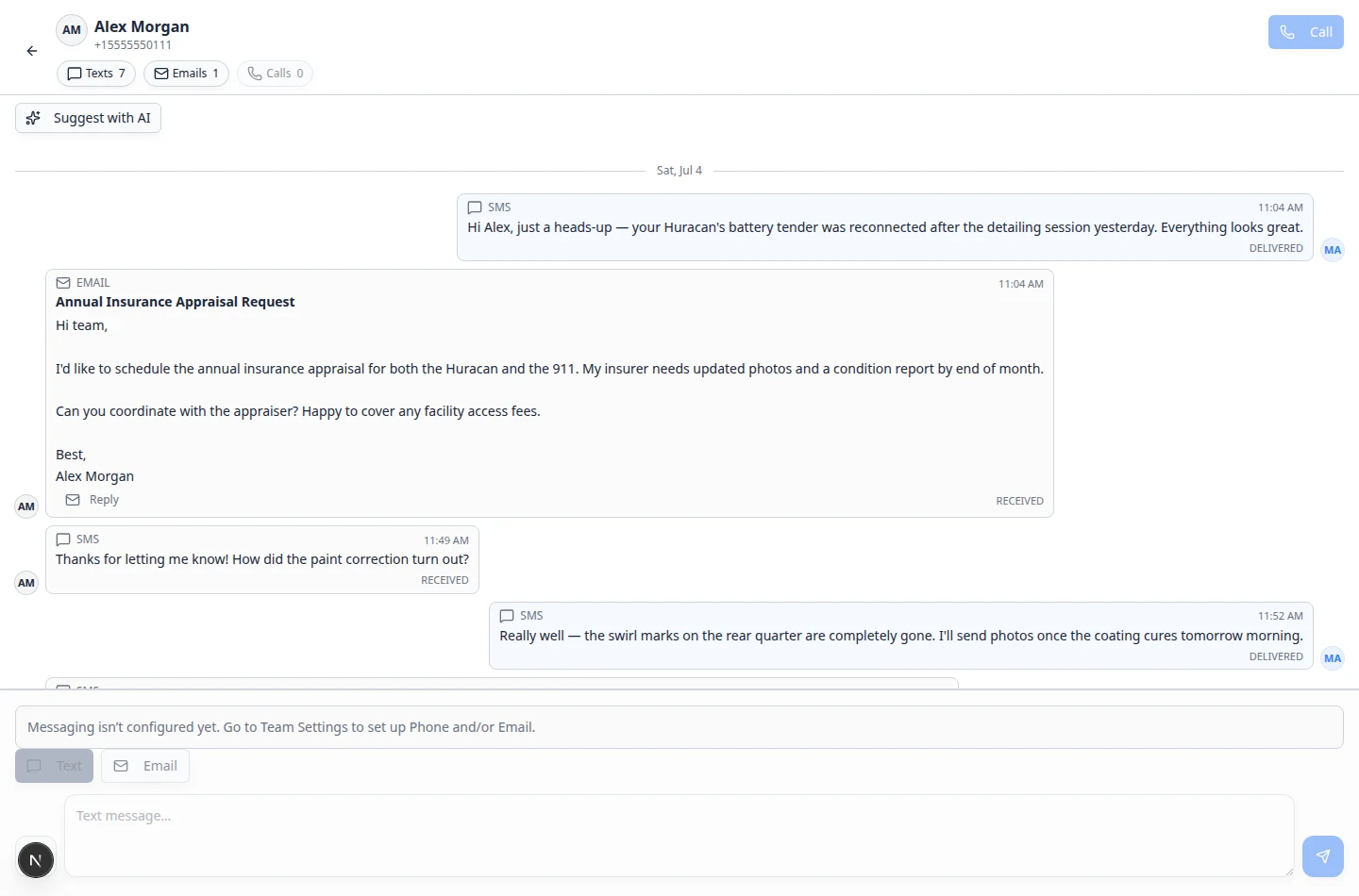 Inbox showing Alex Morgan selected with text messages, an email, and call activity in the timeline