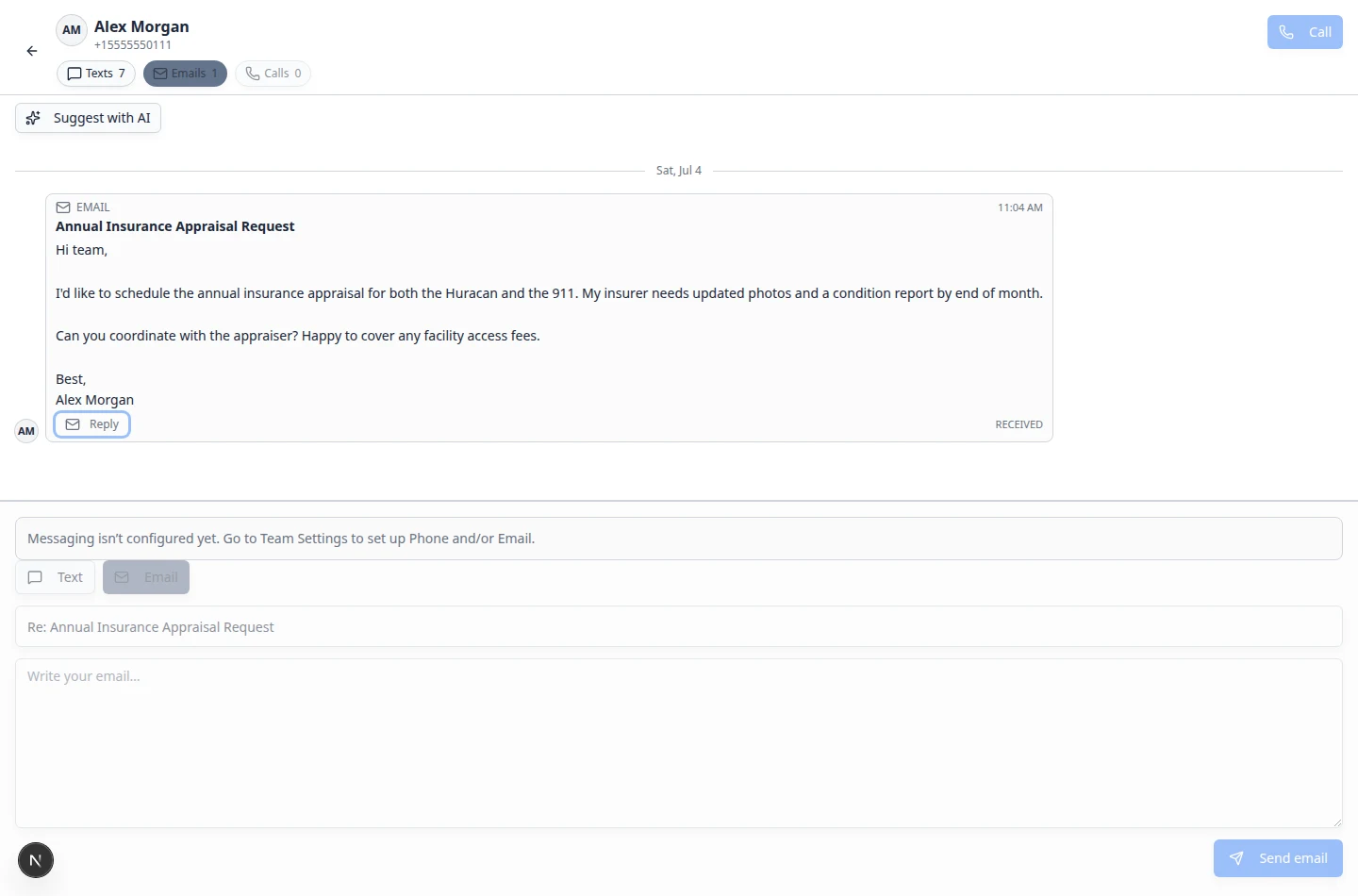 Close-up of an email message in the Inbox timeline with the Reply button highlighted