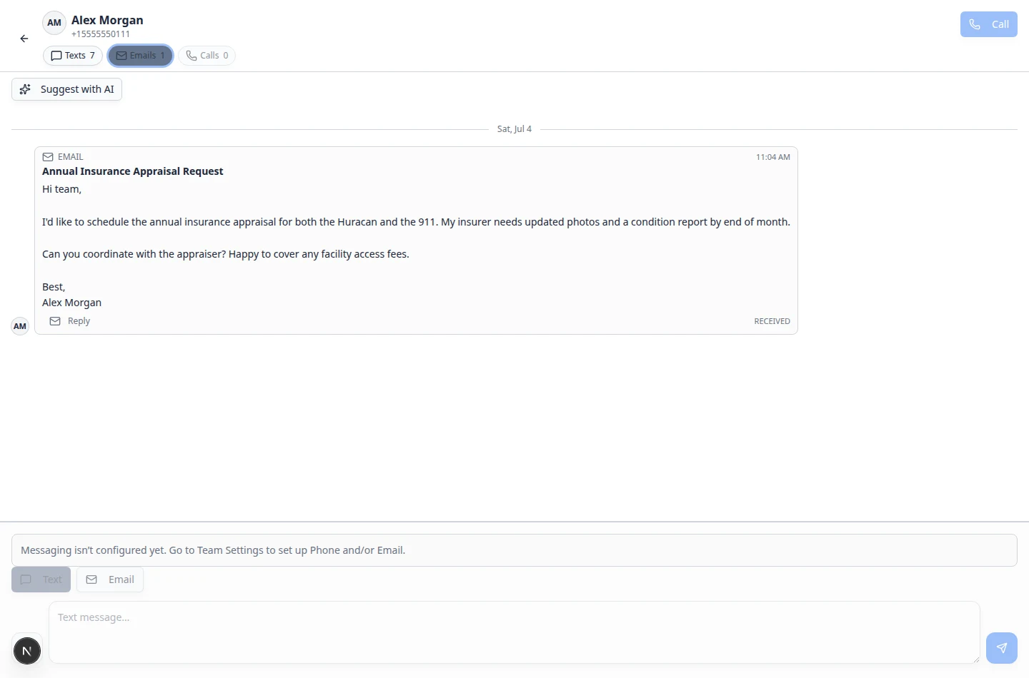 Inbox conversation with the Email composer open showing a Subject field and drafted message body