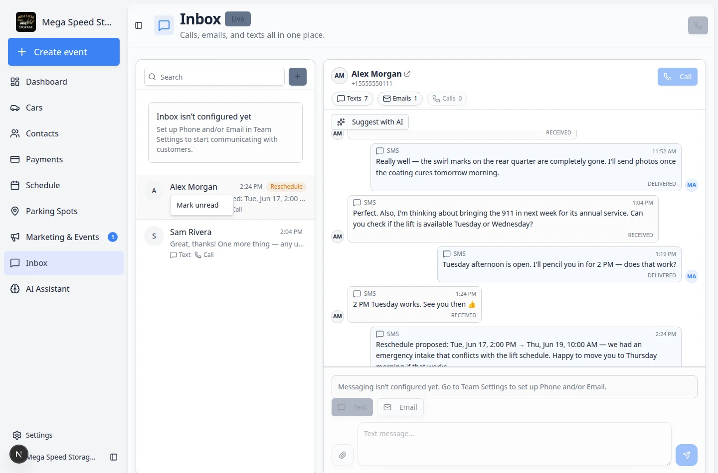 Inbox conversation list with a menu open showing the Mark unread option