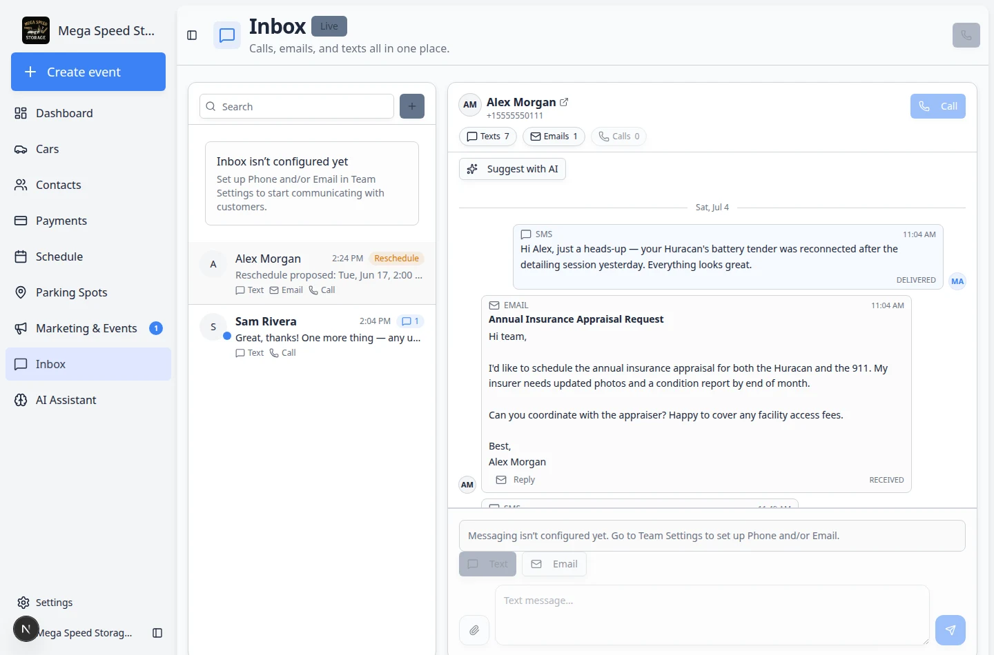 Inbox new conversation search showing a customer search for Sam Rivera