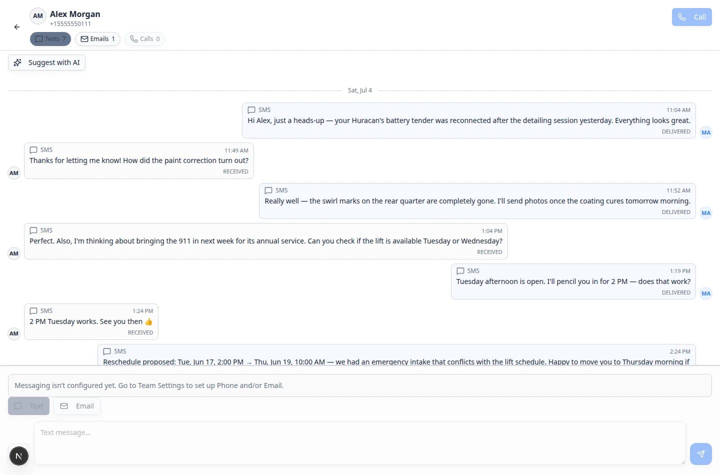 Inbox text reply field with a drafted message for Alex Morgan