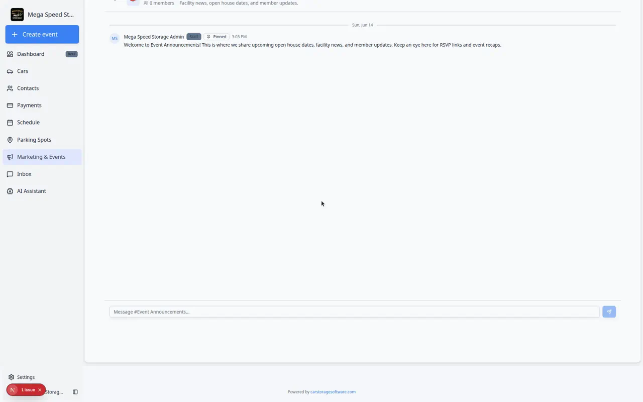 Community channel thread showing a pinned welcome message from staff and a compose box at the bottom