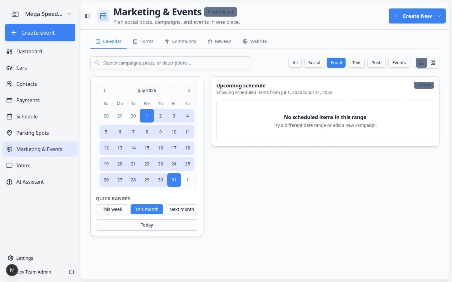 Create New Campaign dialog showing Channel, Name, optional Schedule, and Create Campaign button