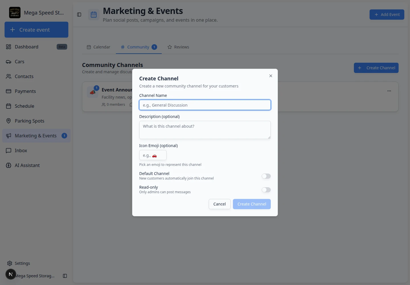 Create Channel dialog showing Channel Name, Description, Icon Emoji, Default Channel, and Read-only settings