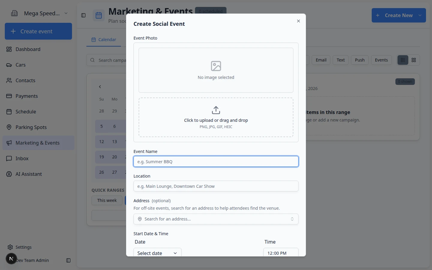 Create Social Event dialog with event photo, event name, location, address, start date, time fields, and Event Theme Colors section at the bottom