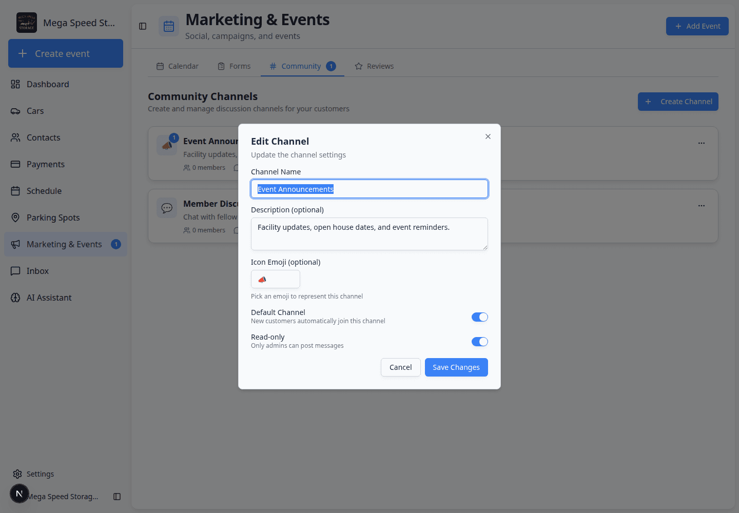 Edit Channel dialog showing channel name, description, emoji, Default Channel, and Read-only settings