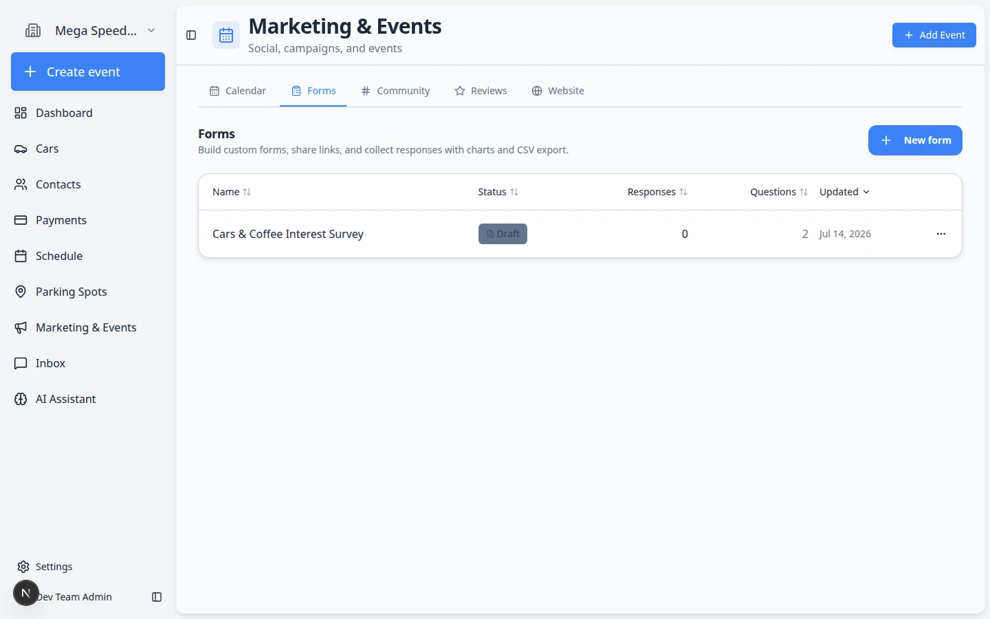 Forms tab showing a list of custom forms with Published and Draft status badges and response counts