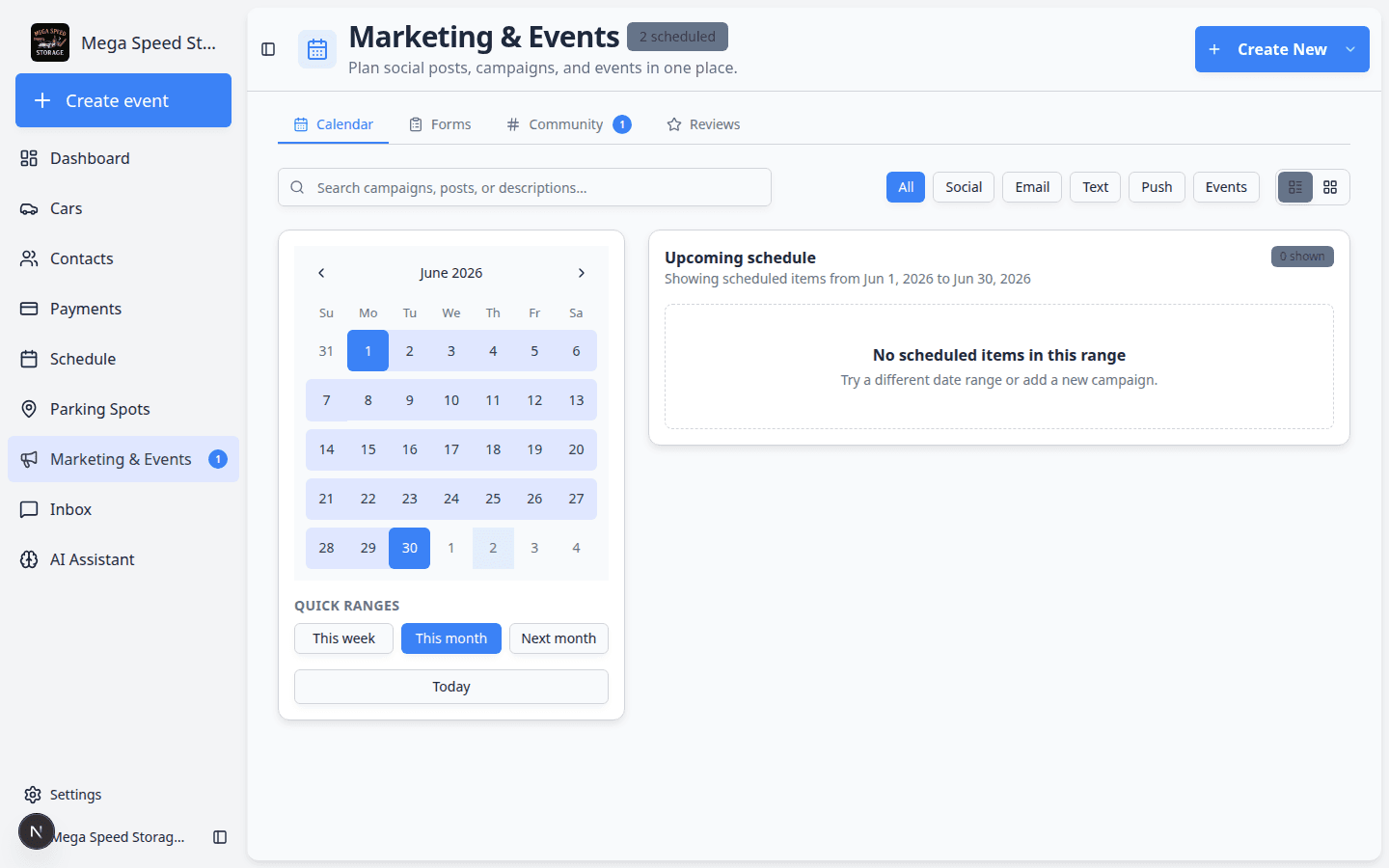 Marketing calendar showing Quick ranges buttons This week, This month, and Next month on the left side of the calendar