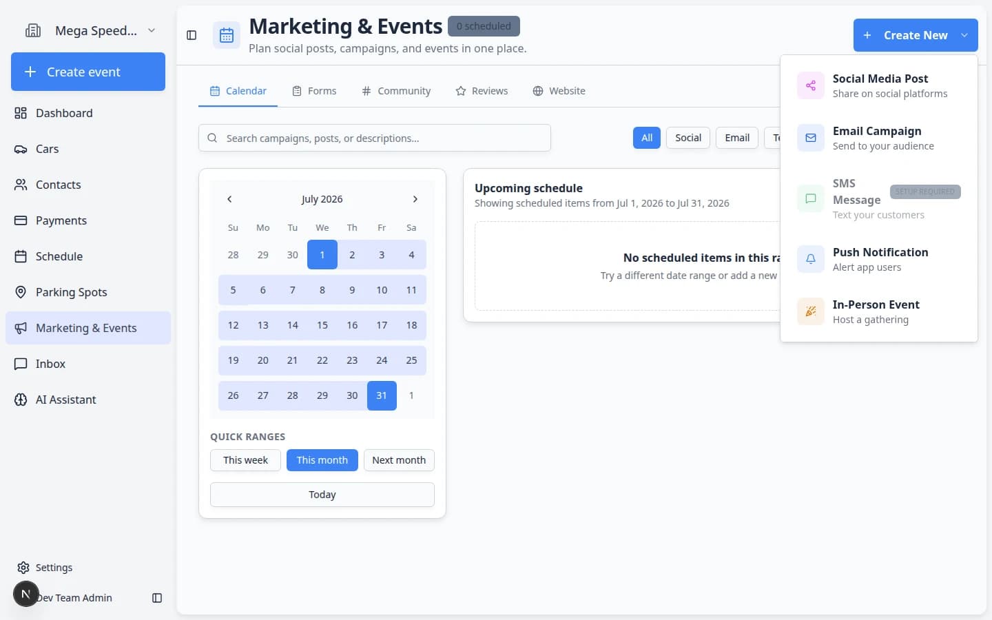 Create New menu showing options to start an email campaign, text message, social post, or in-person event