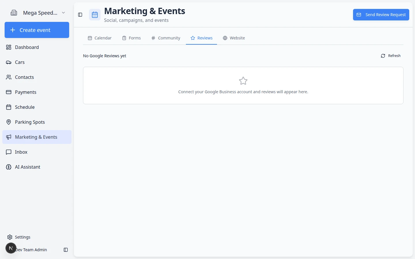Reviews page showing review summary cards and a Send Review Request button