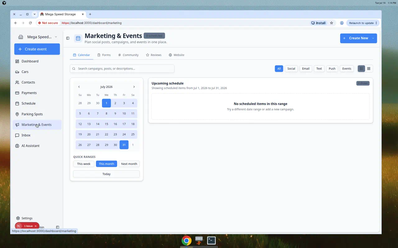 Marketing and Events page showing Calendar, Forms, Community, Reviews, and Website tabs across the top of the page