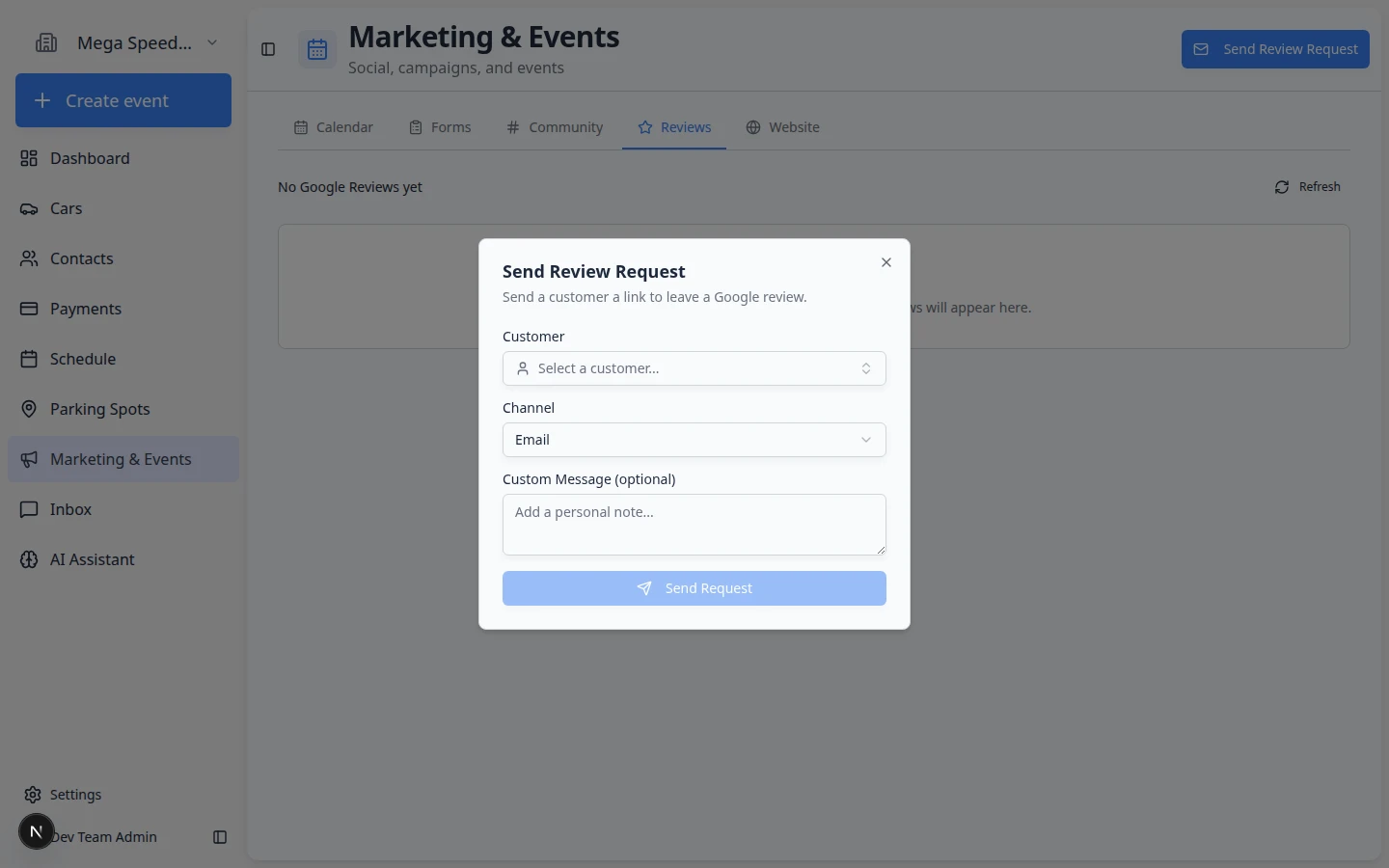 Send Review Request dialog with Customer, Channel, Custom Message, and Send Request fields