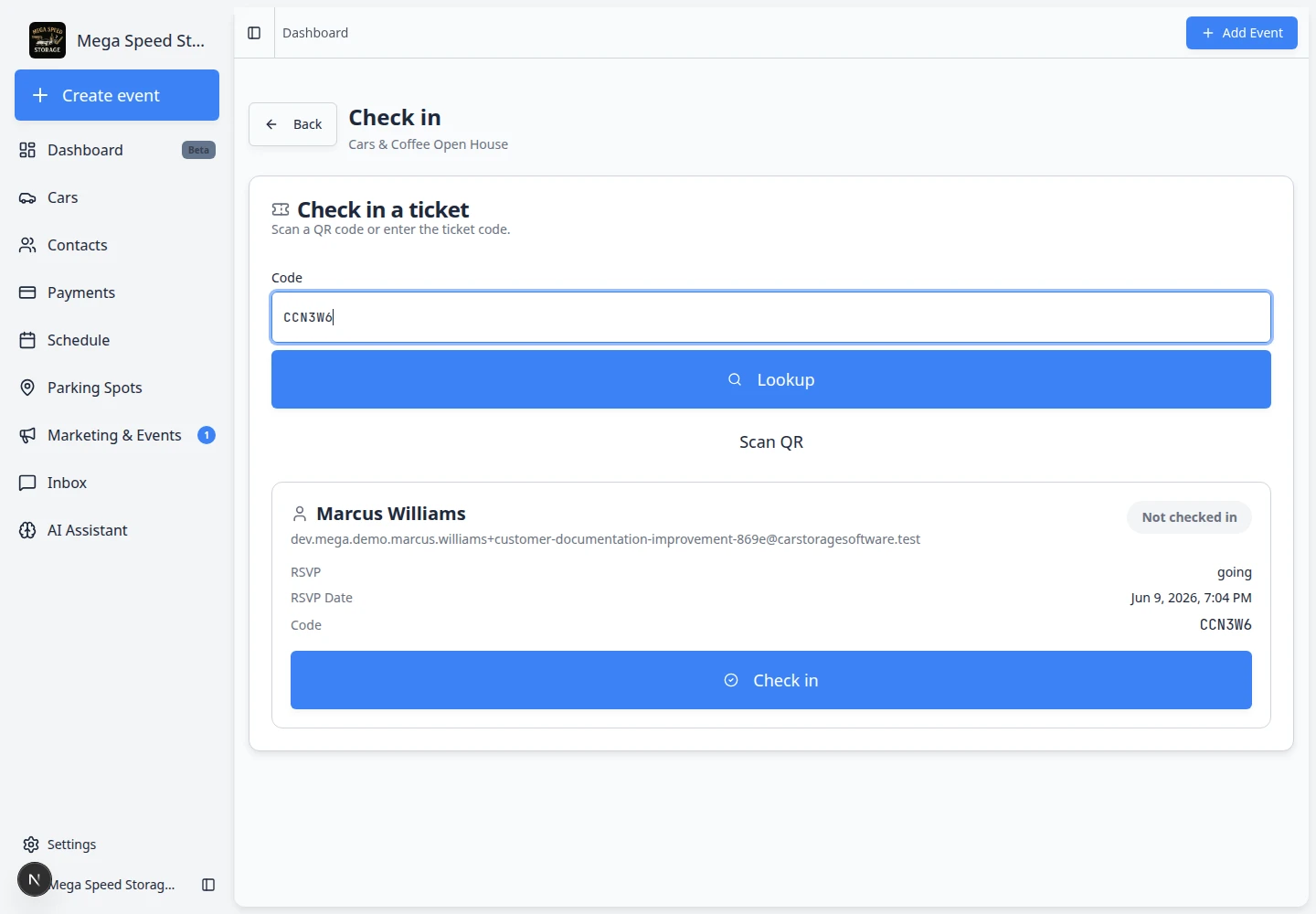 Check-in screen showing Marcus Williams ticket details with Not checked in badge and a blue Check in button