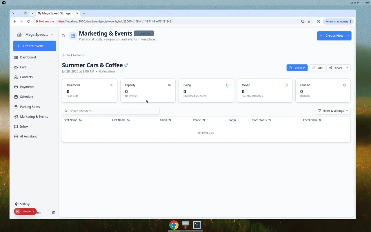Social event detail page showing Total Views, Capacity, Going, Maybe, and Can't Go summary cards, plus Check in, Edit, and Share buttons