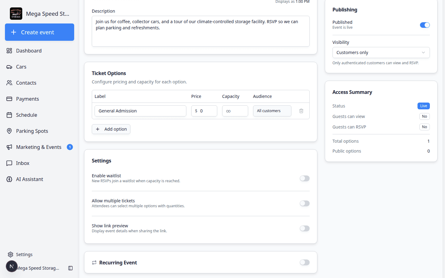 Social event edit page showing ticket options such as Add option, Enable waitlist, and Allow multiple tickets