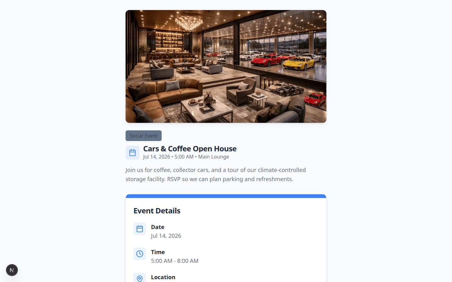 Customer-facing Cars and Coffee Open House event page showing date, time, location, description, and Event Details card