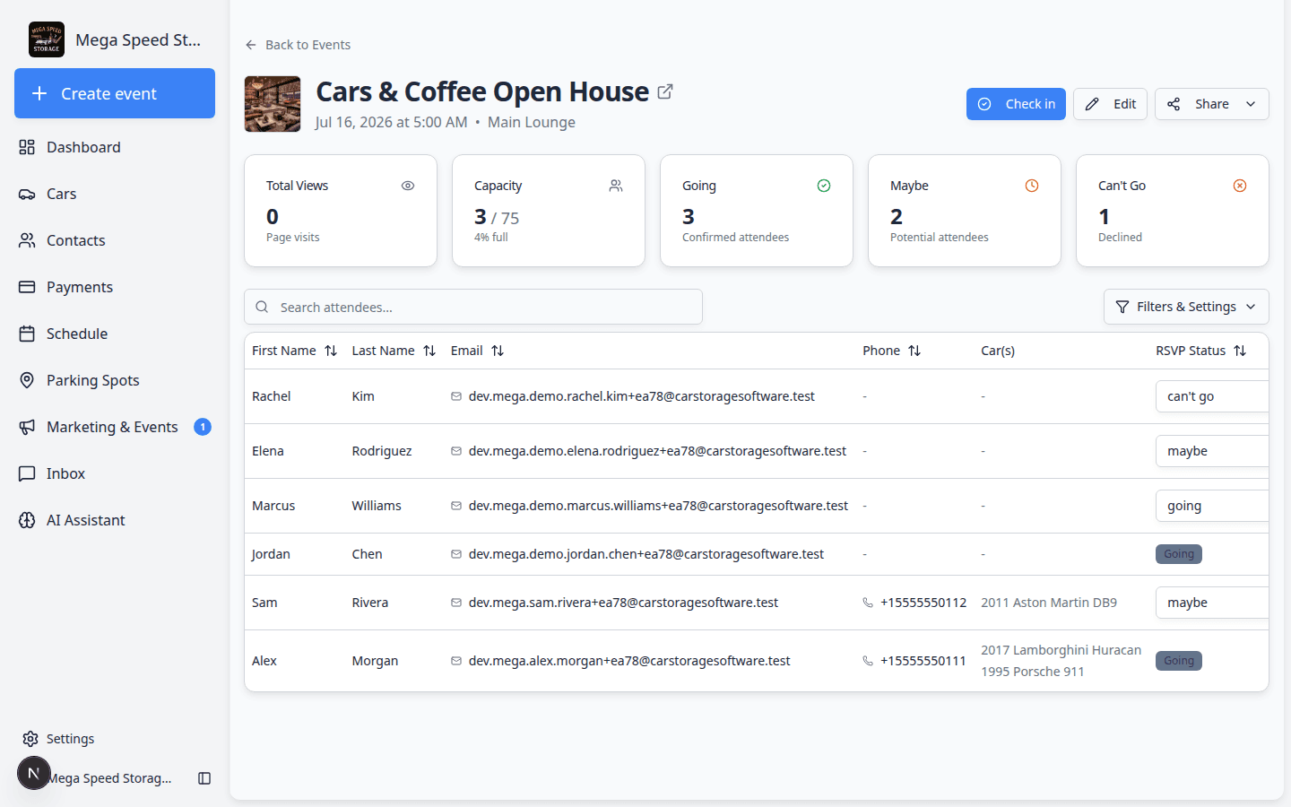Social event attendee table showing RSVP Status dropdown and Checked In column with Not checked in badges