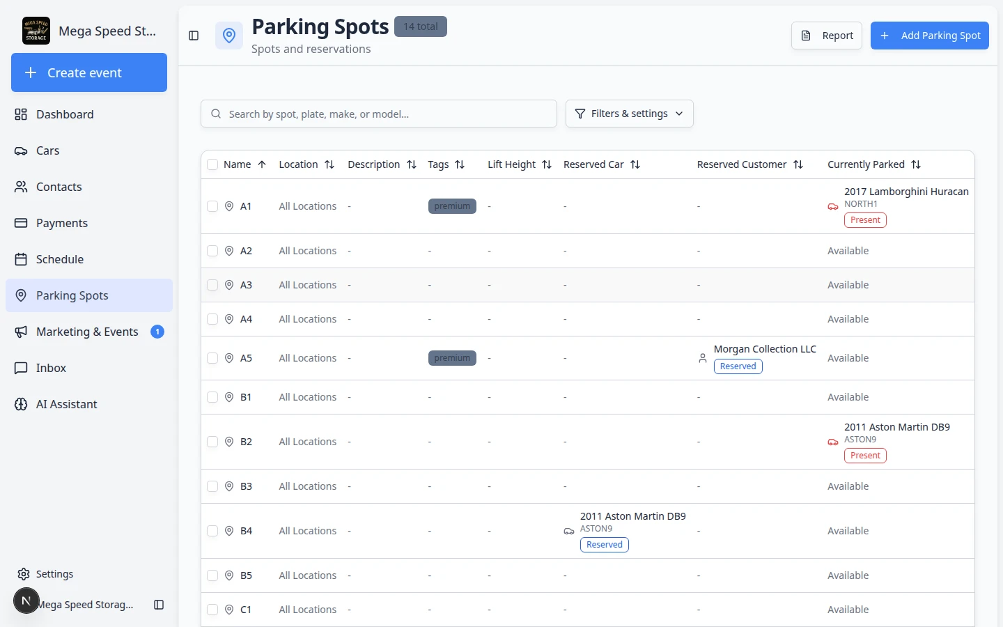 Parking spot dialog on the map showing an empty spot ready to add a car or move a vehicle