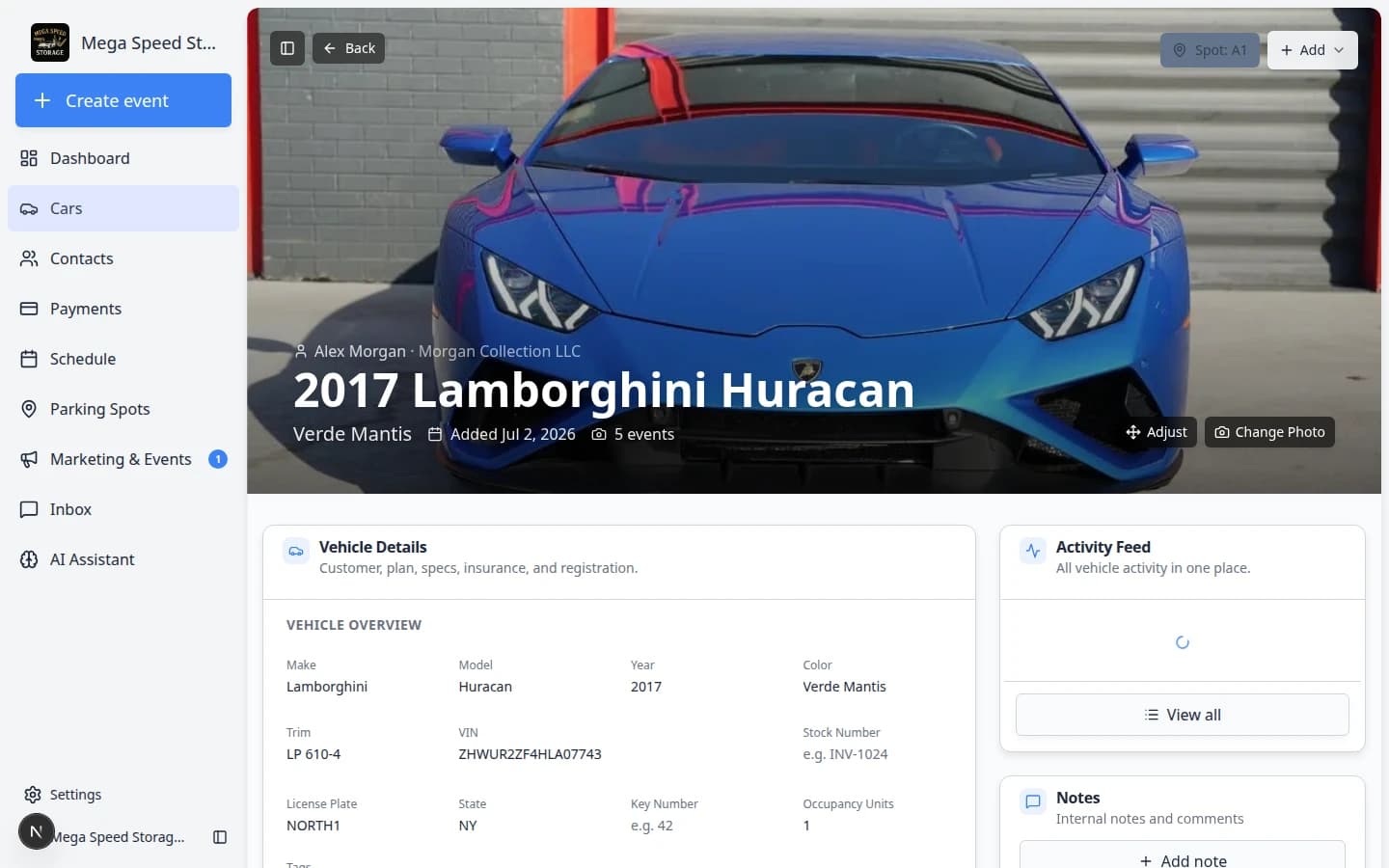 Car detail page showing the parking location control near the top with the current spot name