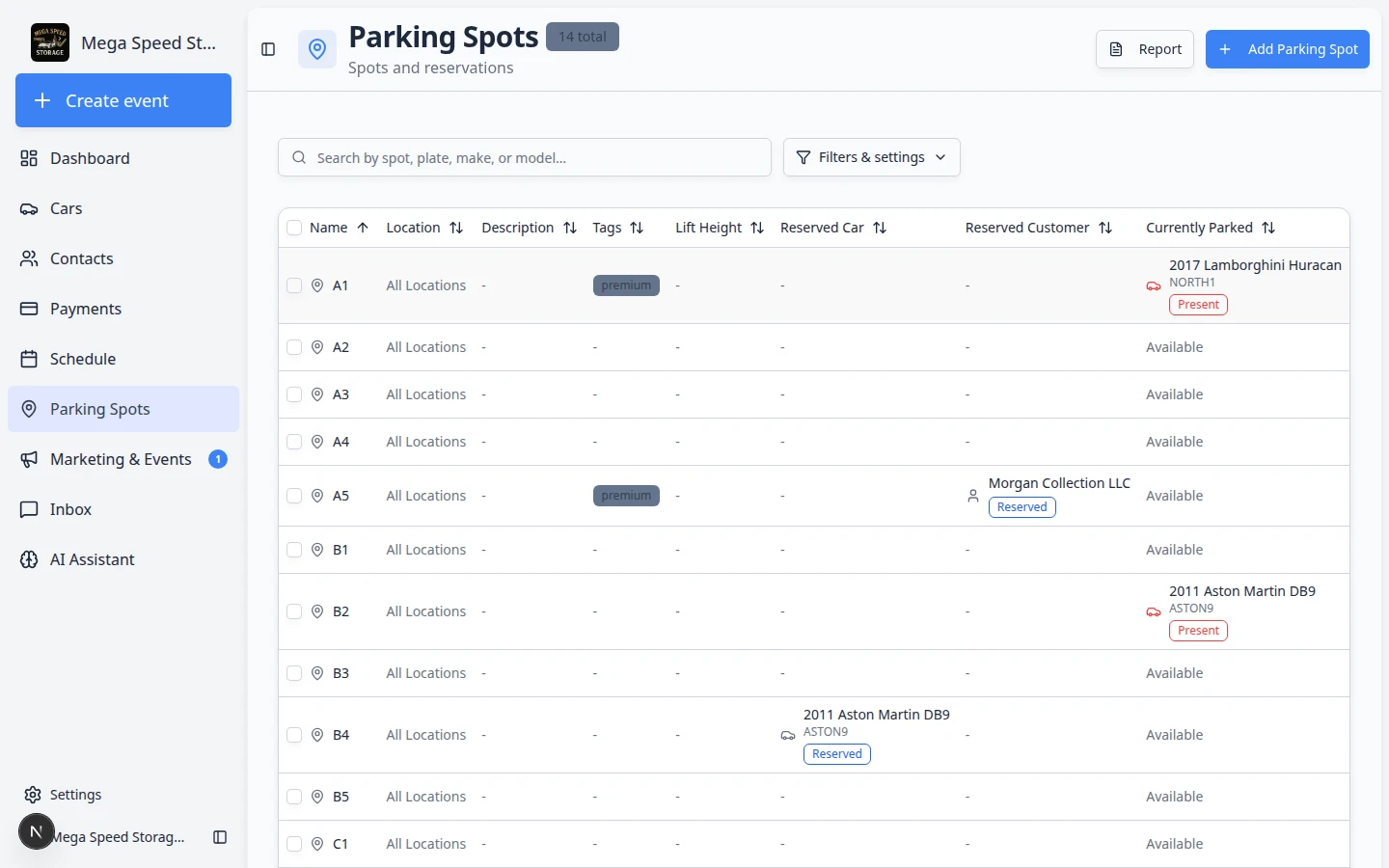 Move Vehicle dialog showing the current car and a search field to pick a new parking spot or zone