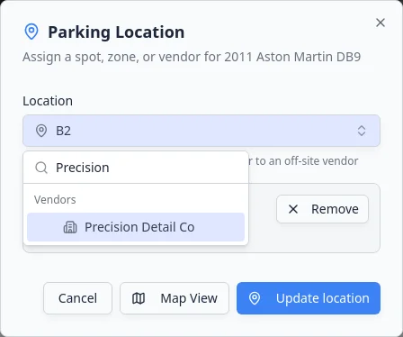 Move Vehicle dialog showing vendor options in the Select spot zone or vendor search list