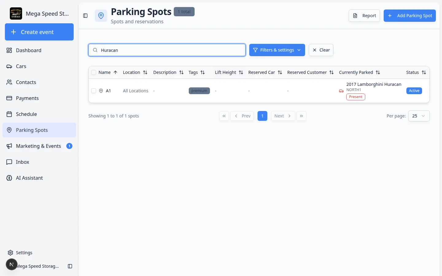 Parking Spots map with Filters and Settings open showing Map view, search field, and summary counts for available, reserved, and occupied spots