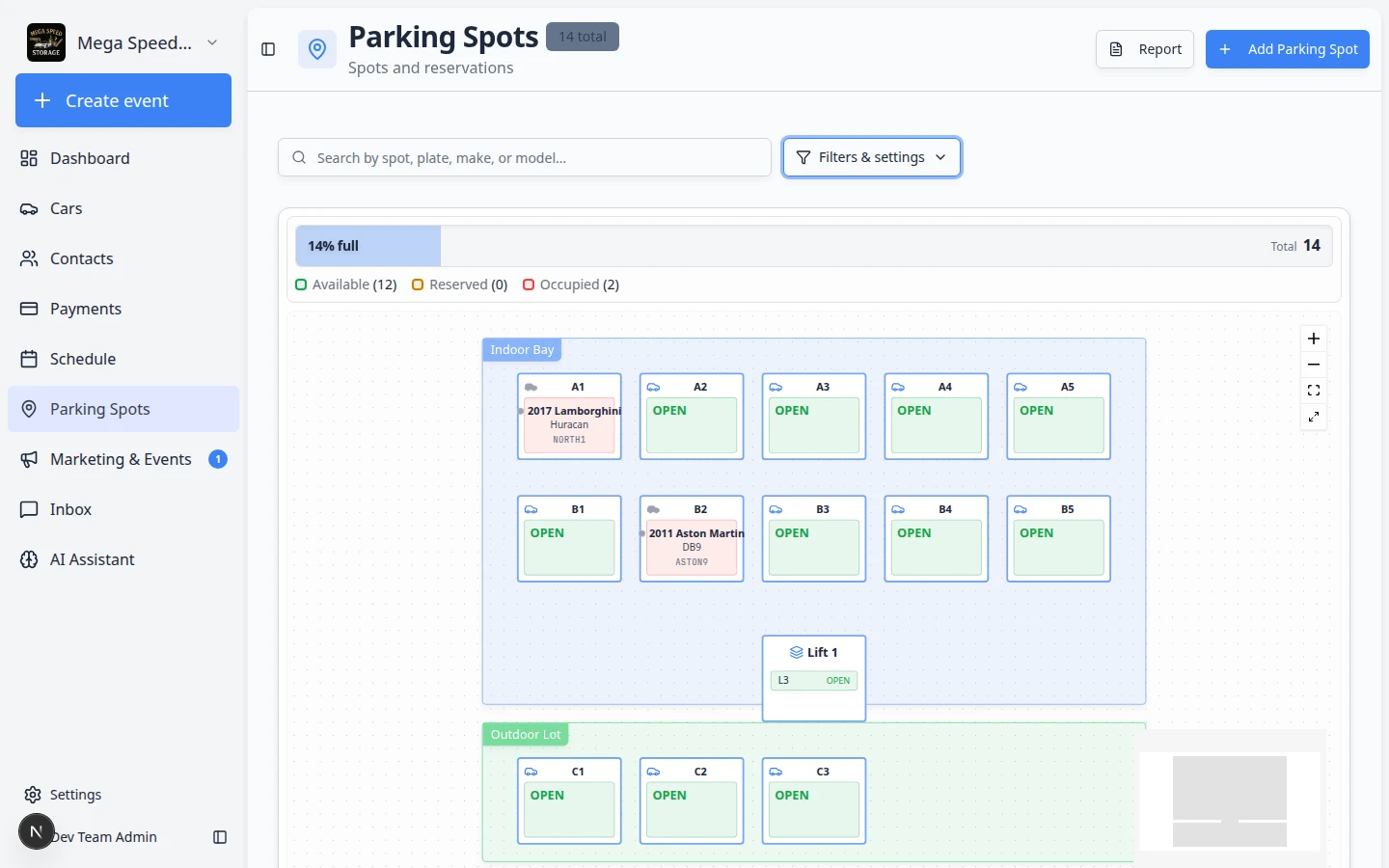 Filters and Settings panel on Parking Spots showing Map and Table view buttons and display options