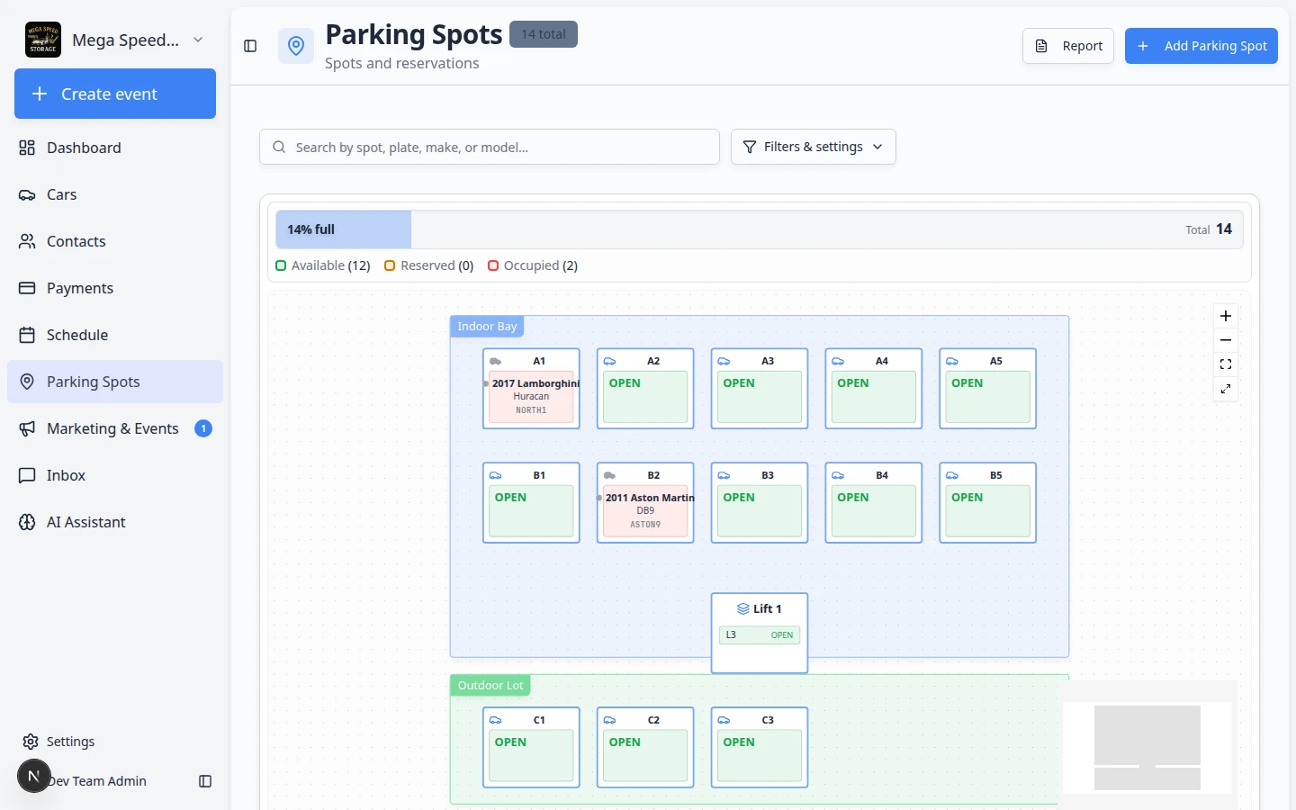 Parking Spots page showing a facility map with named parking spots, occupied and reserved spaces, zones, and availability counts