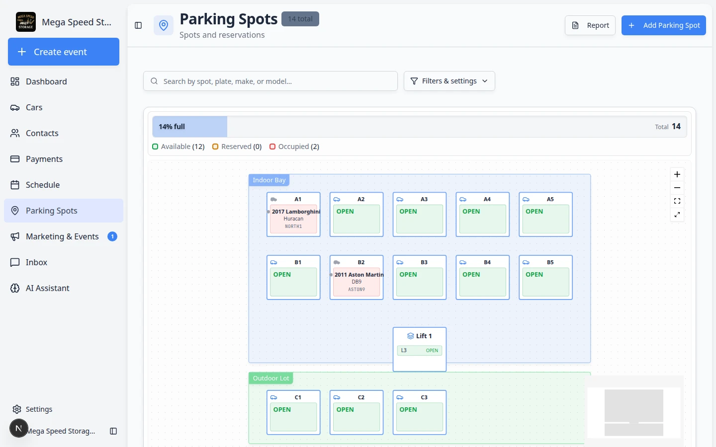 Parking Spots page showing a facility map with named parking spots, one occupied spot, and one stacked lift