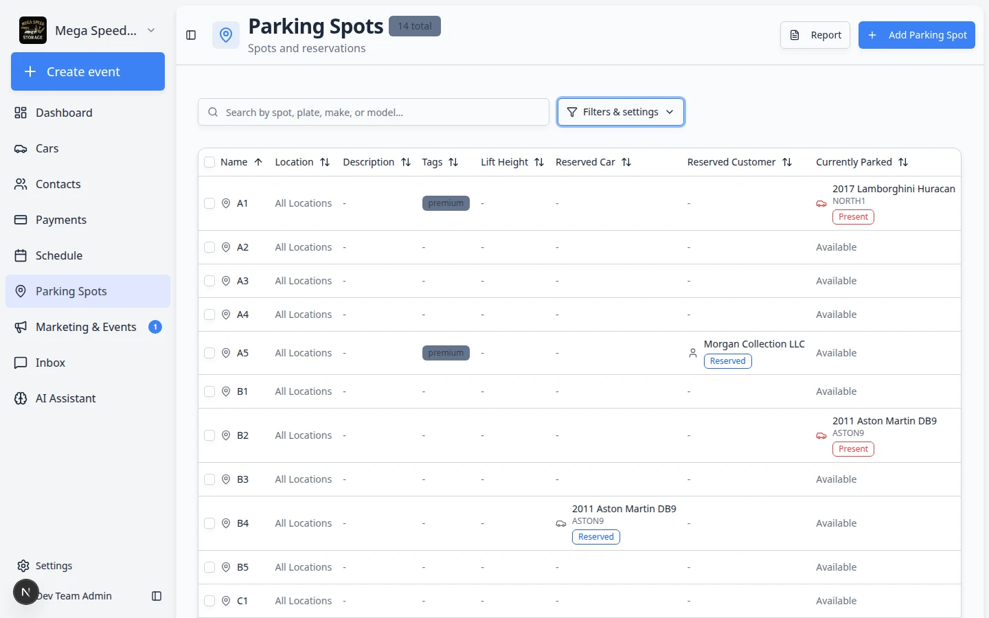Parking Spots table view listing spot names, reserved customers, currently parked vehicles, and status