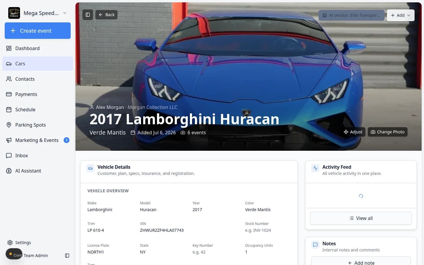 Location picker on a car record showing Vendors section with a transport company listed