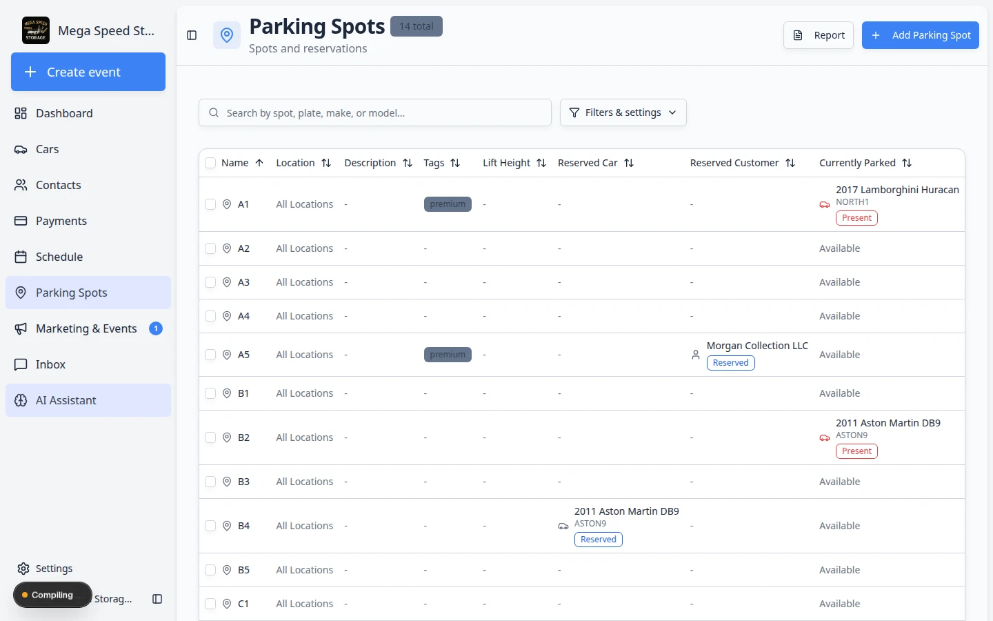 Outdoor Lot zone dialog on the parking map showing capacity and cars assigned to the zone