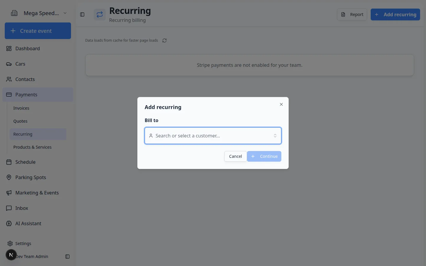 Add recurring dialog showing customer search, product, price option, payment method, billing start date, and billing action choices