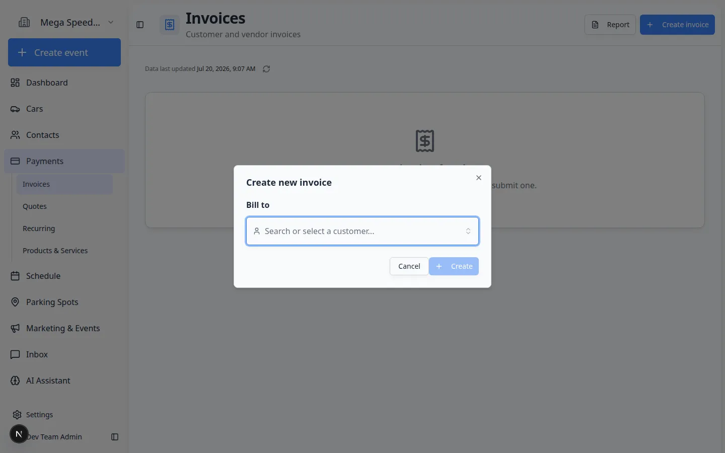 Issue Invoice window showing customer search, payment behavior choices, due date, line items, and invoice total