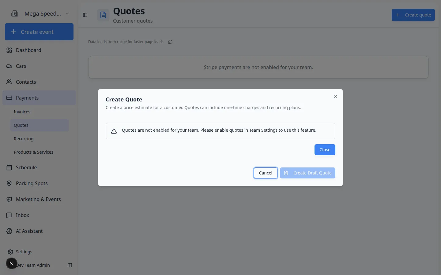 Create Quote dialog showing customer field, quote title, message, expiration date, line items table, and Send immediately toggle