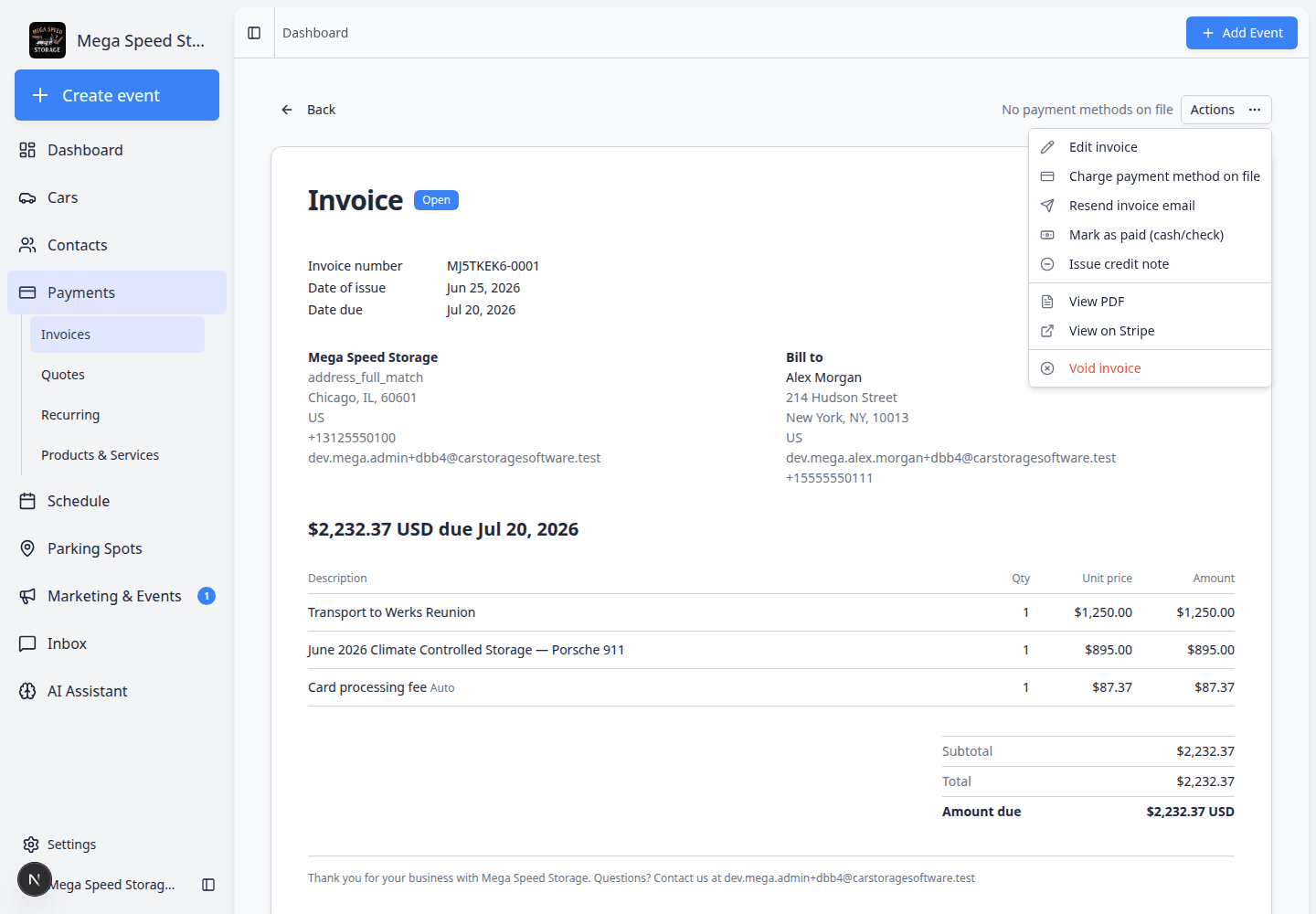 Actions menu on an open customer invoice showing resend email, charge on file, and mark paid options