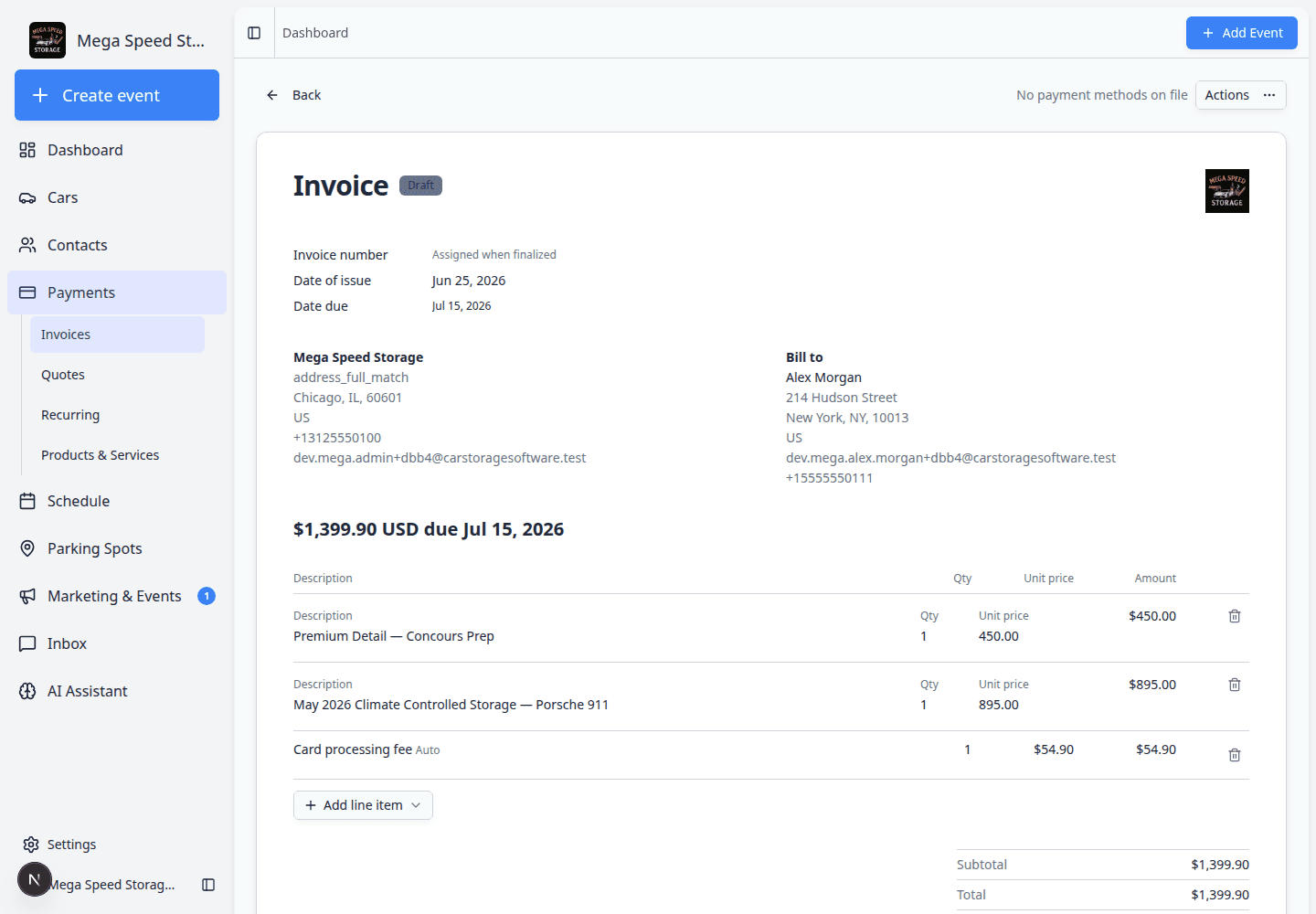 Draft customer invoice detail page showing Draft status badge, line items, totals, and Finalize invoice button