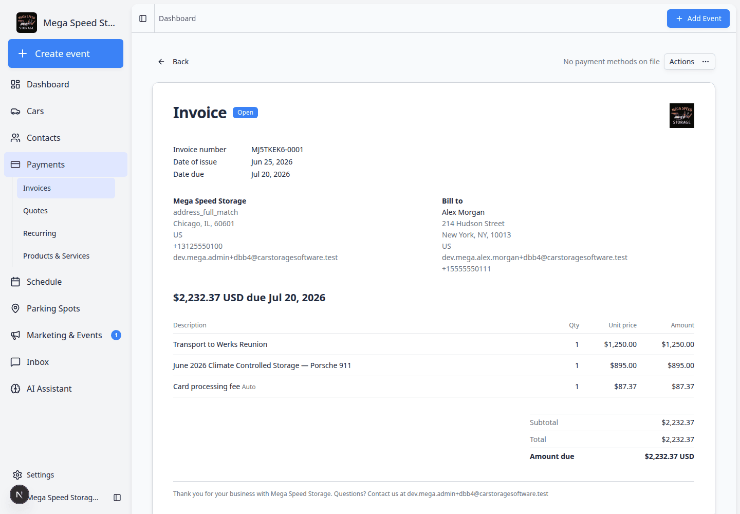 Open customer invoice detail page showing Open status, amount due, line items, and Actions button