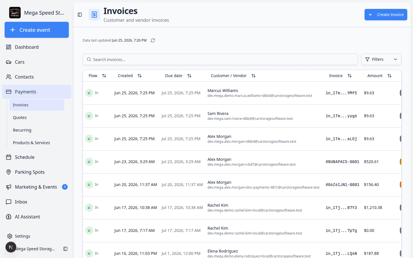 Invoices page showing Customer and Vendor tabs with invoice rows, status badges, and amounts